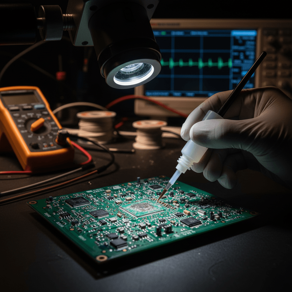 Close-up of water-damaged circuit board being professionally cleaned and repaired