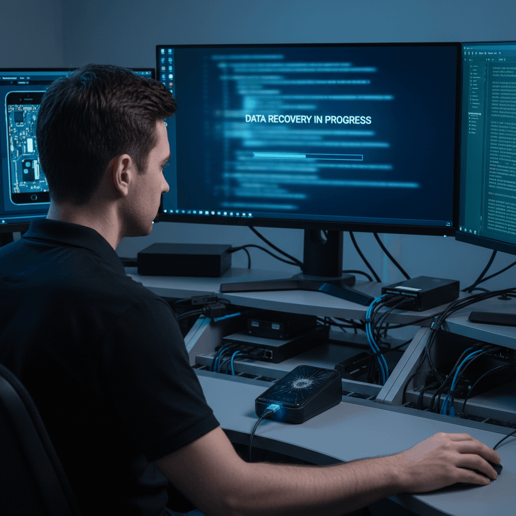Technician using data recovery software to retrieve files from a smartphone