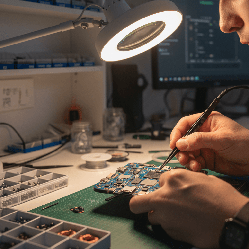 Technician soldering a new charging port onto a smartphone motherboard
