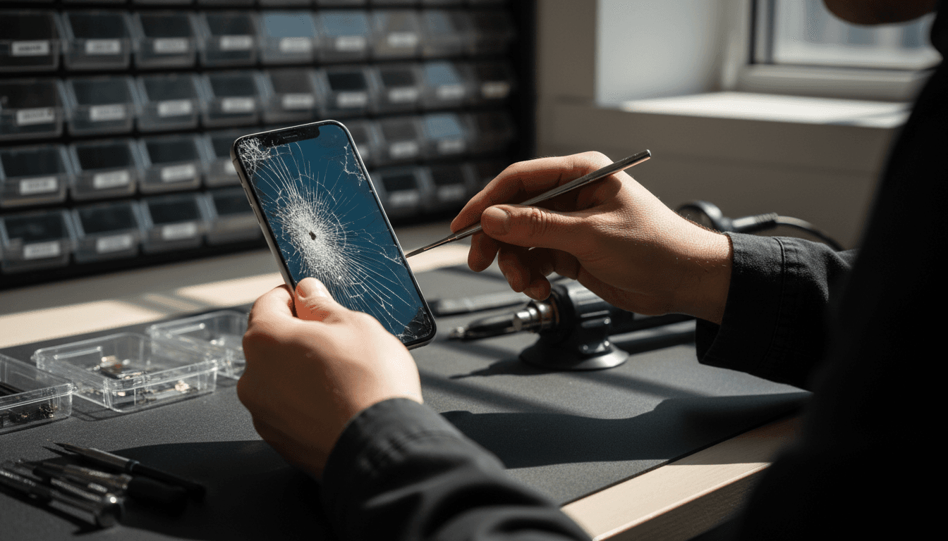 Technician repairing a cracked iPhone screen with precision tools