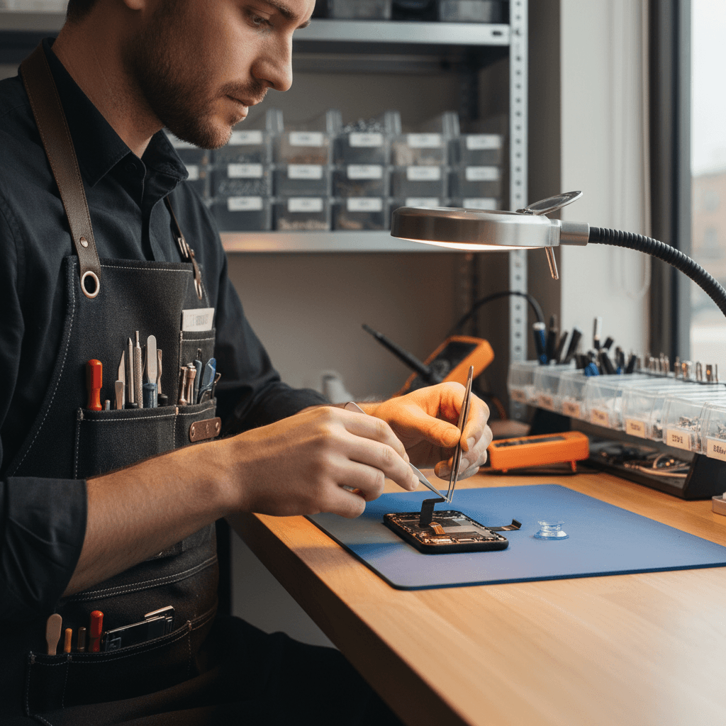 Technician performing phone screen replacement at iDoc Aus repair workbench in Perth