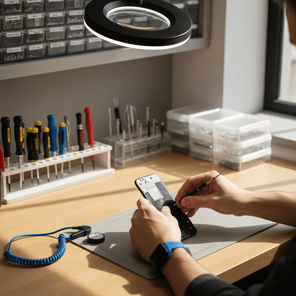 Certified technician performing precise iPhone repair on clean workbench